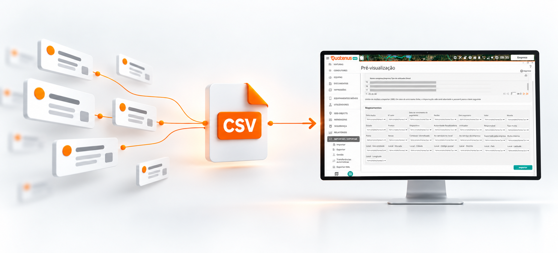 Ficheiro CSV com vários registos de multas a serem importados para a plataforma Quatenus.