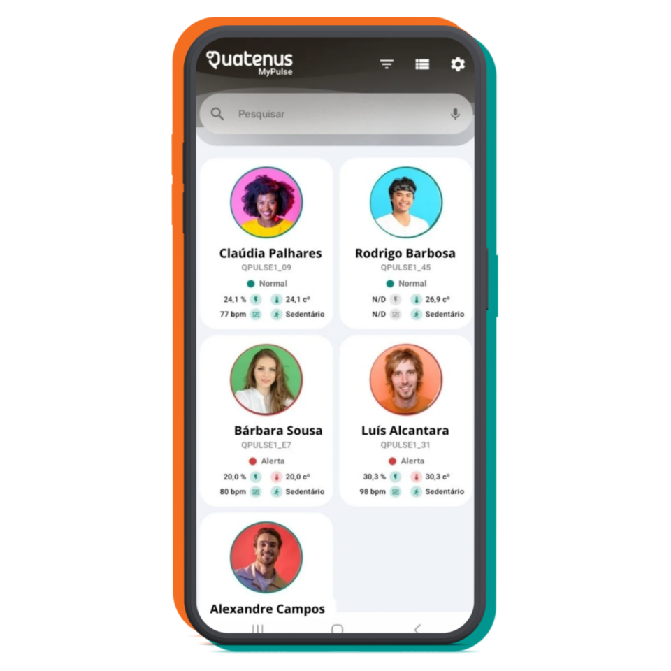 Ecrã da app Quatenus MyPulse com vista geral de utilizadores, indicadores de bem-estar e alertas para acompanhamento remoto em tempo real.