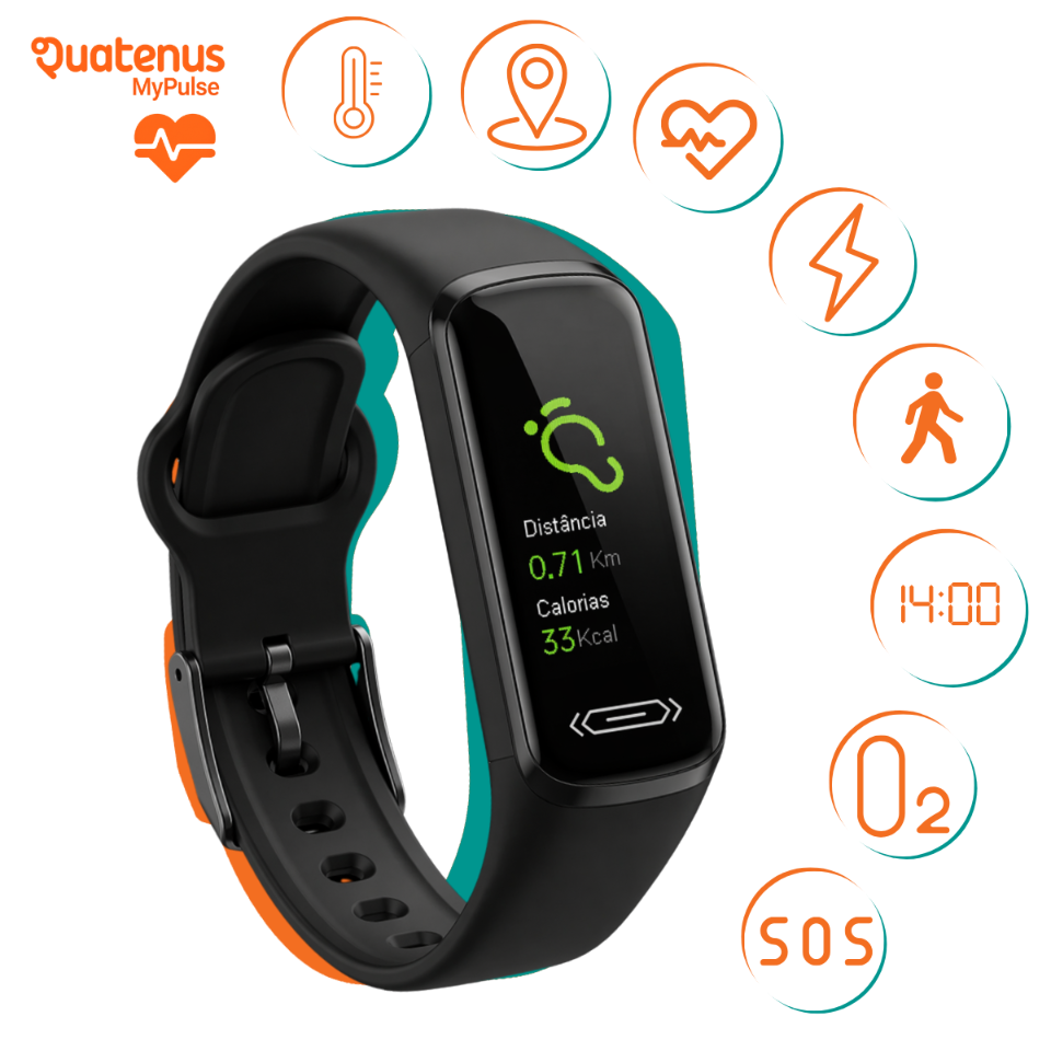 Pulseira inteligente Quatenus MyPulse com ícones de monitorização de saúde, atividade, SOS e oxigénio em tempo real