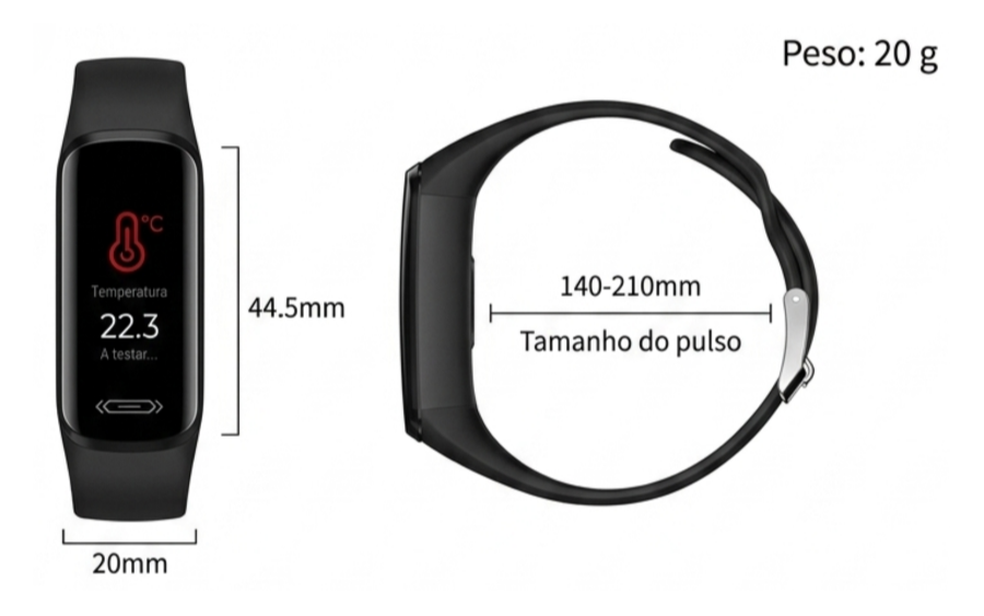 Dimensões e peso da pulseira Quatenus MyPulse com medidas do ecrã e ajuste de pulso