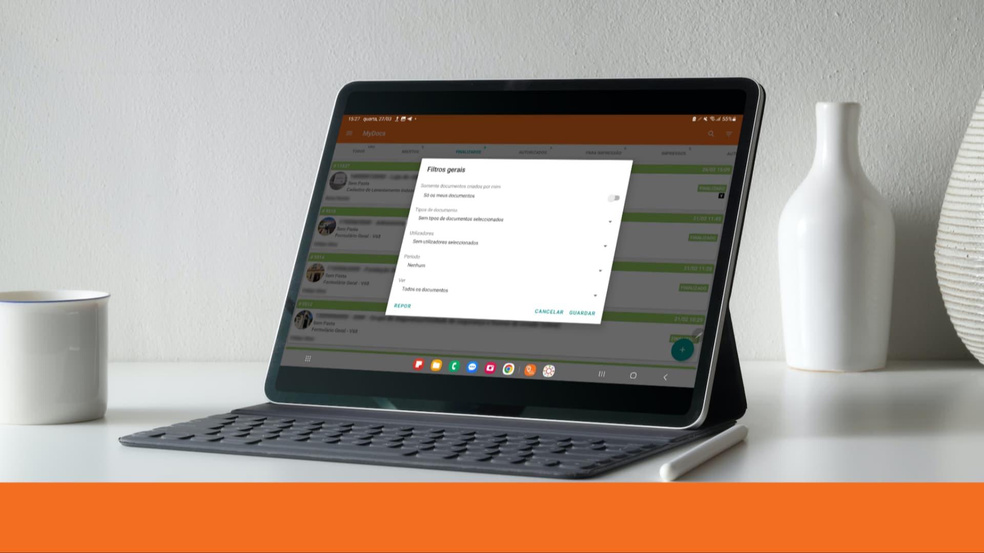 Tablet displaying the Quatenus platform interface in a work environment, representing operational management and activity monitoring