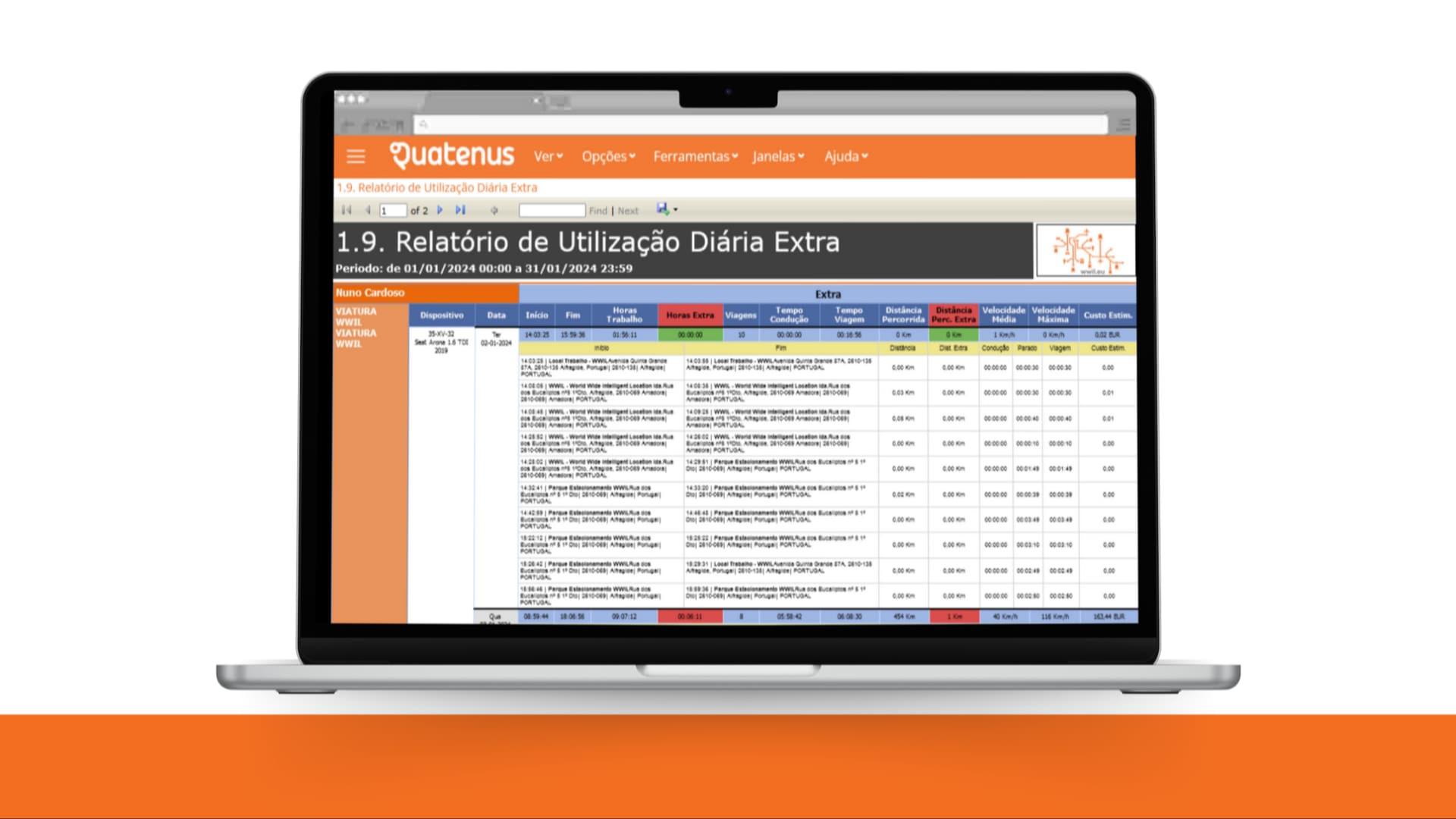 Laptop displaying a daily usage report in the Quatenus platform for operational analysis and activity controle