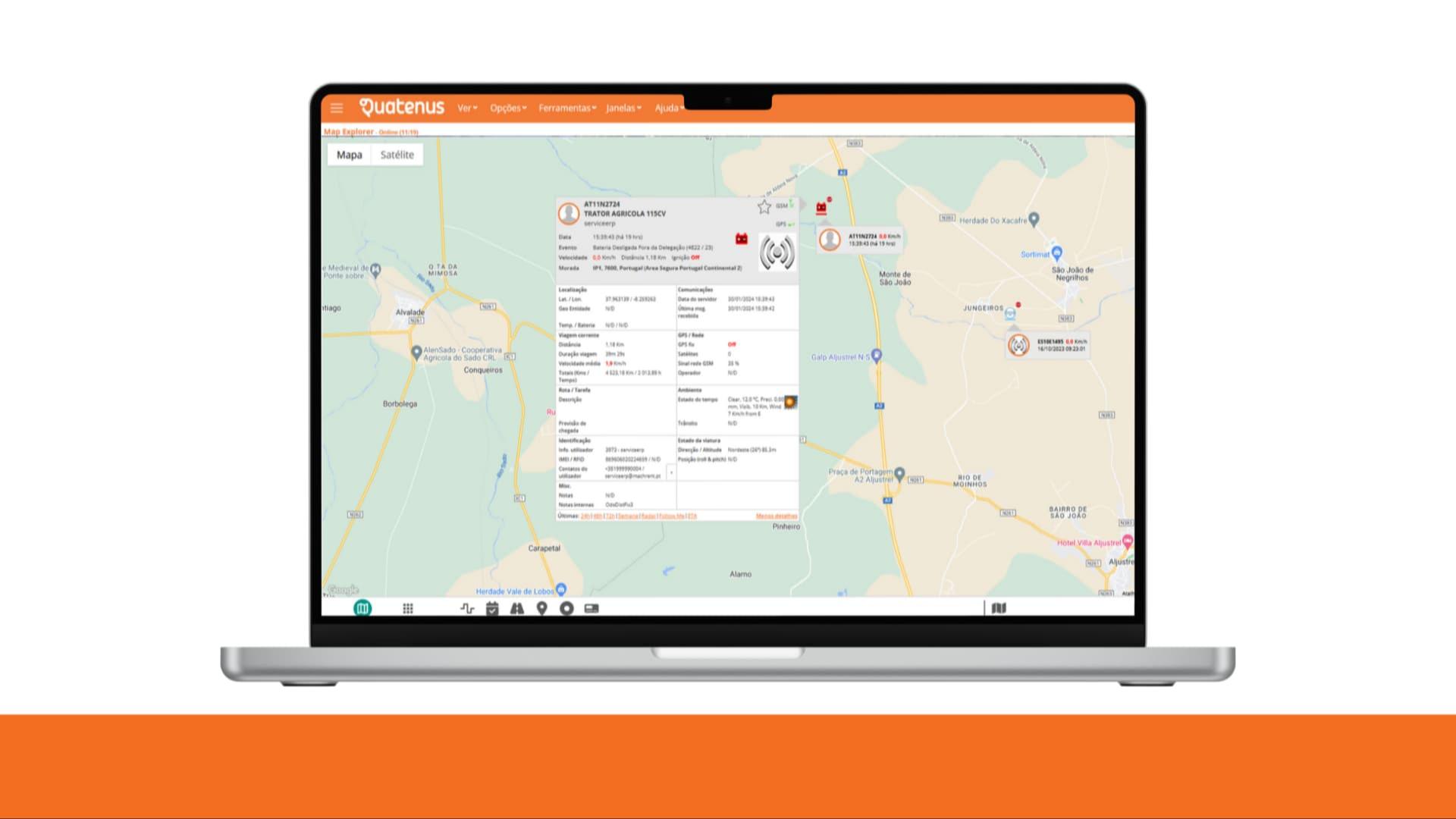 Laptop displaying a map and location panel in the Quatenus platform for real-time operational monitoring