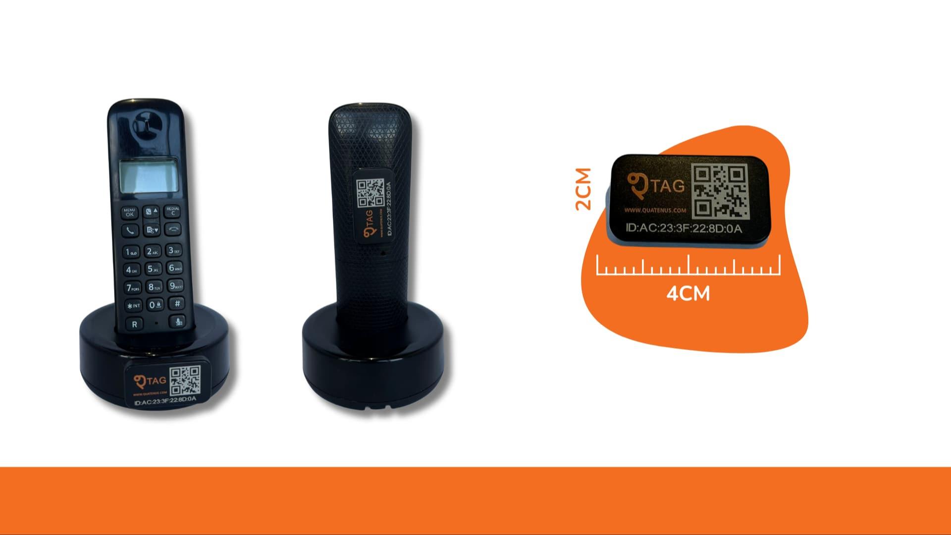 Telefones sem fios com etiqueta RFID, representando rastreamento de equipamentos e gestão de activos
